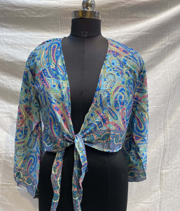 Top corto de seda para mujer, estilo cruzado corto, diseño de corbata frontal, tela suave, ligera y transpirable para trajes informales de verano, ropa de noche - Product Image 5