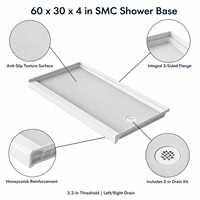 Receveur de douche SMC 60x30 pouces blanc brillant renforcé en nid d'abeille avec rebord 3 côtés pour alcôve, drain gauche