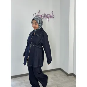 Ensemble décontracté vintage streetwear en jean avec veste et pantalon, col large, boutons décoratifs, technique délavée pour le printemps/été - Product Image 3