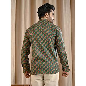 Chemise décontractée pour homme en coton vert imprimé à manches longues, tissu 100% popeline respirant et tissé avec motif à pois - Product Image 6