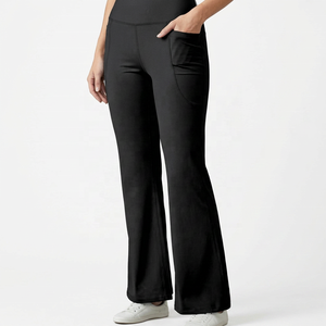 High Waist Black Solid Leg <b>Yoga</b> <b>Pants</b> <b>Pockets</b> Full Length Four-Way Stretch Elastic Spandex 100% Polyester Breathable 220g - Product Image 6