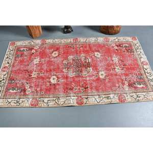 Tapis en laine beige rouge traditionnel 3.6x6.7 pieds Vintage turc grande surface Patchwork motif pour salon couloir décor pour adolescents - Product Image 3