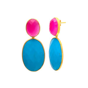 Recién llegado, pendientes de diseño de aro redondo con estilo dorado, pendientes de piedras preciosas de cuarzo azul y chaceldonia rosa de Gemstone - Product Image 2