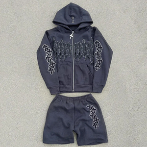 2024 vêtements de luxe personnalisé mode Streetwear surdimensionné recadrée ourlet brut Vintage sweats à capuche et survêtement ensemble coton pierre lavage à l'acide costume - Product Image 1