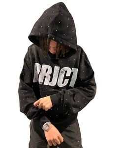 Sudaderas con capucha con diamantes de imitación para hombre con logotipo impreso en pantalla personalizado, algodón pesado de gran tamaño, algodón, lavado ácido, sol, desteñido - Product Image 1