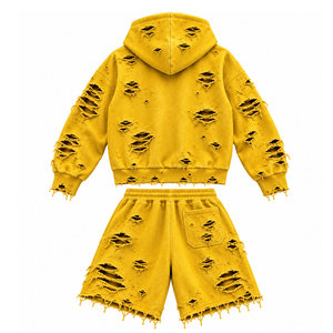 Conjunto de Sudadera con Capucha y Pantalones Cortos de Forro Polar de 200g para Hombre, Diseño Personalizado, Ligero, Transpirable, 100% Algodón Tejido, Estilo Urbano, con Logotipo Frontal Sólido - Product Image 2