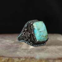 Bague pour homme en argent sterling 925 de style ottoman avec pierre noire naturelle, logo personnalisé Azuris VALKH1499, Turquie