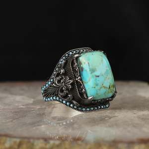Bague pour homme en argent sterling 925 de style ottoman avec pierre noire naturelle, logo personnalisé Azuris VALKH1499, Turquie - Product Image 1