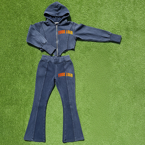 High Quality Streetwear Crop <b>Top</b> Zip Up Hoodie & Flare Sweatpants Set 100% Cotton Acid Washed Lightweight Gym Wear Tracksuit - Product Image 4