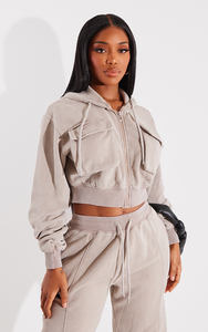 Dernier design de sweat à capuche court taupe à épaules tombantes pour femmes, cargo lavé, anti-rides et respirant, sweats à capuche zippés pour femmes - Product Image 4