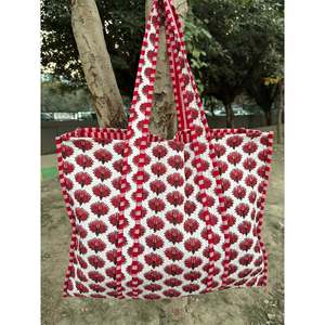 Bolsa de Mano Extra Grande Acolchada de Algodón con Cierre, Ecológica y Resistente, Bolsa de Hombro Abierta para Fin de Semana, Roja y Blanca, para Compras - Product Image 1
