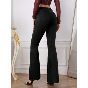 Jean évasé vintage rétro pour femme, taille haute, en denim noir, coupe évasée, extensible, durable, aspect impeccable, finition premium, tailles 26 à 40 - Product Image 5