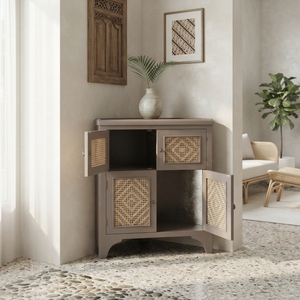 Rustic wooden corner nightstand bedroom bedside cabinet handwoven rattan doors premium <b>storage</b> organizer elegant home furnitures - Product Image 3