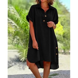 Robe mi-longue en viscose tissée pour femme, à manches courtes, col et boutons sur le côté, devant court et dos long, 35820 - Noir - Product Image 1