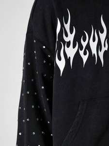 Noir Zip Strass À Capuche Flamme Graphique Clouté Manches 100% Coton Hommes Surdimensionné Polaire À Capuche Veste Punk Y2K Streetwear - Product Image 4