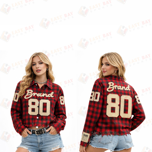 Custom Rhinestone Cropped Raw Hem Button-Up <b>Flannel</b> Shirt <b>Washed</b> Boxy Design Plaid Long Sleeve Streetwear Shirts - Product Image 2