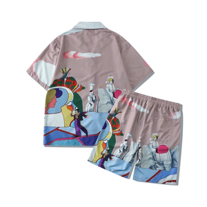 เสื้อเชิ้ตแขนสั้นลําลองและชุดกางเกงขาสั้นสําหรับสไตล์ชายหาดฤดูร้อนผ้าถักทอชายหาดสวมเสื้อยืดแขนสั้น - Product Image 4