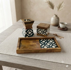 Ensemble brûleur d'encens en bois CMC, incrustation géométrique, fait main, boîte de rangement en bois de santal, plateau diffuseur aromatique, écologique, toutes saisons - Product Image 1