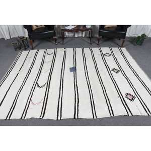 Tapis plat en laine tissé moderne blanc noir de 6.8x9.2 pieds Design patchwork turc pour les décorations de salon des adolescents avec support en latex - Product Image 2