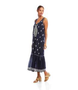 Robe Maxi Femme Sans Manches Brodée Boho Bleu Marine Coton Folk Décontracté - Product Image 5