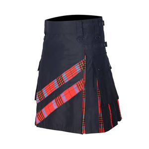 Kilt Utilitario Híbrido de Algodón Negro y Tartán Wallace para Hombre con Tirantes Ajustables y Bolsillos Tipo Cargo - Product Image 4