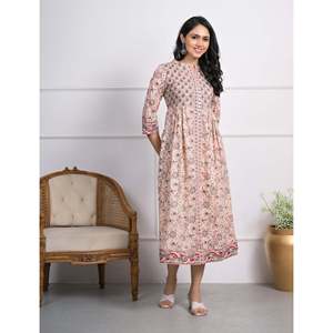 Vestido largo de algodón gris con estampado de bloques color crema, estilo casual hippie con cuello mandarín, transpirable, tallas XL a 5XL - Product Image 3