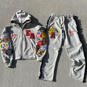 Conjunto de ropa deportiva de gran tamaño de algodón con logotipo bordado personalizado, conjunto de sudaderas con capucha y cremallera con bordado desgastado, chándal para hombre - Product Image 1