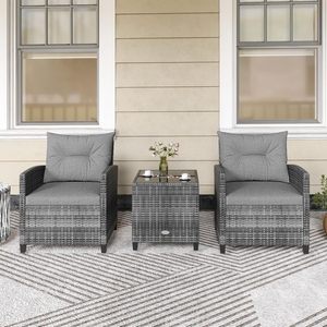 Comfortable 3 Piece Outdoor Patio Wicker Furniture <b>Set</b> Grey PE Rattan <b>Bistro</b> <b>Set</b> with Deep Seating Cushions for Porch - Product Image 6