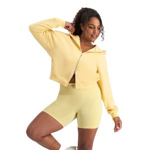 เสื้อฮู้ดครอปสีเหลืองแบบมีซิปคู่แฟชั่นใหม่สำหรับผู้หญิง เสื้อสเวตเชิ้ตแขนยาวลำลองผ้าฟลีซสำหรับสาวๆ เสื้อฮู้ดมีซิป - Product Image 1