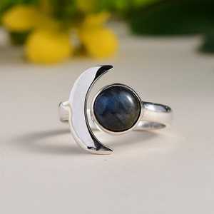 Labradorite <b>Moon</b> <b>Ring</b> 925 Sterling Silver Crescent <b>Moon</b> <b>Ring</b> 10mm Round Gemstone Boho Jewelry Statement <b>Ring</b> For Women - Product Image 3