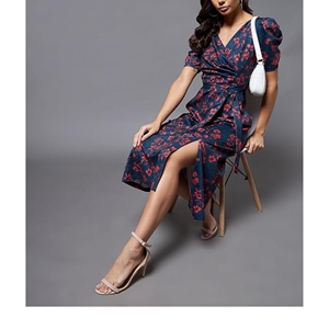 Vestido Midi de estilo dulce para mujer, informal, con cuello en V, 100% de poliéster, manga corta, cinturón, sólido, diario, Otoño, transpirable, lavable - Product Image 2