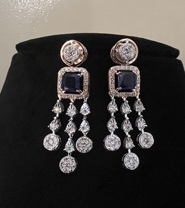 Collier de vrais diamants naturels serti de boucles d'oreilles en pierre bleue 14K 18K or massif rond taille brillante bijoux de fiançailles à la mode - Product Image 5