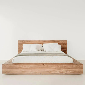 Cadre de lit plateforme en bois massif, style minimaliste moderne, tête de lit rembourrée à profil bas, mobilier de chambre d'hôtel - Product Image 2