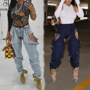 Pantalon en jean délavé taille haute, coupe ample, extensible, à découpes irrégulières et rivets, style tendance - Product Image 2