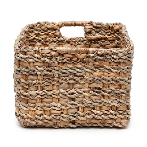 Natural Water Hyacinth Seagrass Storage Basket Cube <b>Square</b> <b>Bin</b> Inset Cutout Handle Pure Art Setup Room Decor Art Handcraft Setup - Product Image 1