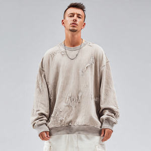 Drop Shoulder Embroidered Oversized Distressed <b>Sweatshirts</b> Men's Fleece Winter Streetwear - Product Image 4