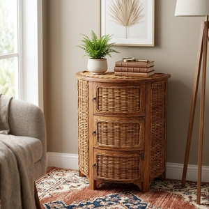 New Modern Minimalist Sumba Wooden Storage Cabinet Natural Rattan Wicker 3 Drawers Chest <b>Side</b> <b>Table</b> Storage Unit Nightstand - Product Image 4