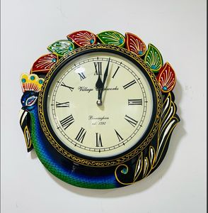 Handcrafted Wooden Art Deco Peacock Design Quartz <b>Battery</b> Operated Decorative Wall <b>Clock</b> - Product Image 2