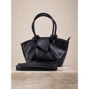 Sac à main vintage noir de style japonais en cuir véritable, aspect cuir litchi souple, chaîne diamantée, deux sangles, détail nœud - Product Image 1