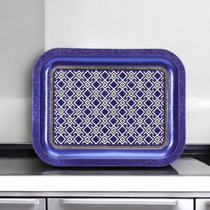 Fondo azul Líneas geométricas Diseño de patrón sin costuras 233x307mm Bandeja rectangular de metal Bandeja decorativa de madera de cuero para servir - Product Image 1
