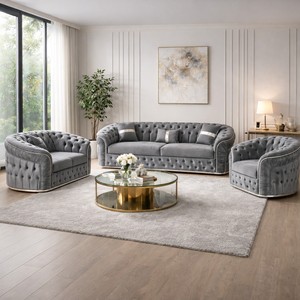 Conjunto de Sofás Chesterfield Modernos Extensibles para Apartamentos y Hoteles, Estructura de Madera, Tapicería Personalizada, Cojines de Esponja de Alta Densidad con Botones - Product Image 2