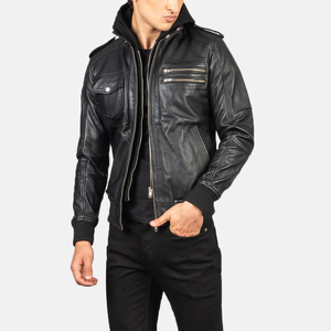 Blouson aviateur en cuir noir à capuche Bravado Vêtement d'extérieur en cuir véritable - Product Image 5