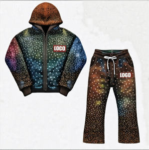 Ensemble de pantalons de survêtement à capuche pour hommes, imprimé à l'acide, style évasé, survêtement en coton épais avec fermeture éclair, logo en strass et décontracté - Product Image 5