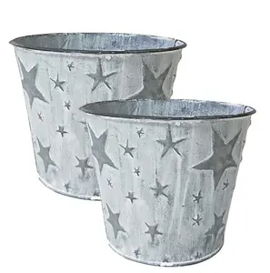 Metal Iron Decorative Flower Pot and Planter Star Design Embossed White wash Galvanized Finish Decorative Planter