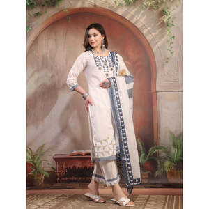ชุดคุर्ตาผ้าฝ้ายปักลายสีขาวสำหรับผู้หญิง พร้อมกางเกงปาลาซโซ่และผ้าคลุมไหล่ ชุดส่าหรีผ้าจอร์เจตต์แบบเย็บสำเร็จ - Product Image 3