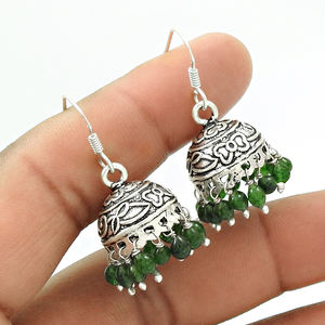 Best Selling New Design 925 Sterling Silver Natural Green Jade Gemstone Artisan Look Engraved <b>Jhumka</b> <b>Earrings</b> for Woman Girls - Product Image 3