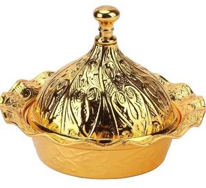 Bol à dattes arabes de petite taille en métal plaqué or écologique poli de forme ronde avec couvercle - Product Image 2