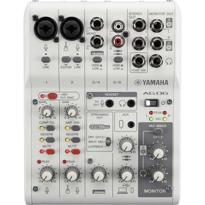 Yamaha AG06 audio interface mixer with dual mic inputs and effects for streaming and recording  with loopback and effects