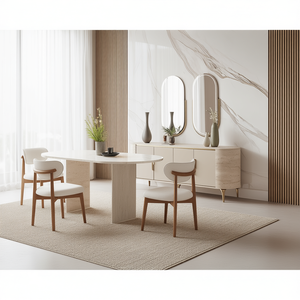 Modern Elegant Ivory <b>Dining</b> <b>Table</b> with Travertine Finish Export-Quality MDF Furniture - Product Image 3