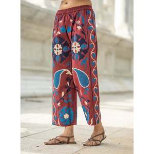 Pantalón de Pijama de Algodón para Mujer con Bordado Suzani, Hecho a Mano, Estilo Boho, con Diseño Floral Hippie, Talla Única para Verano - Product Image 5